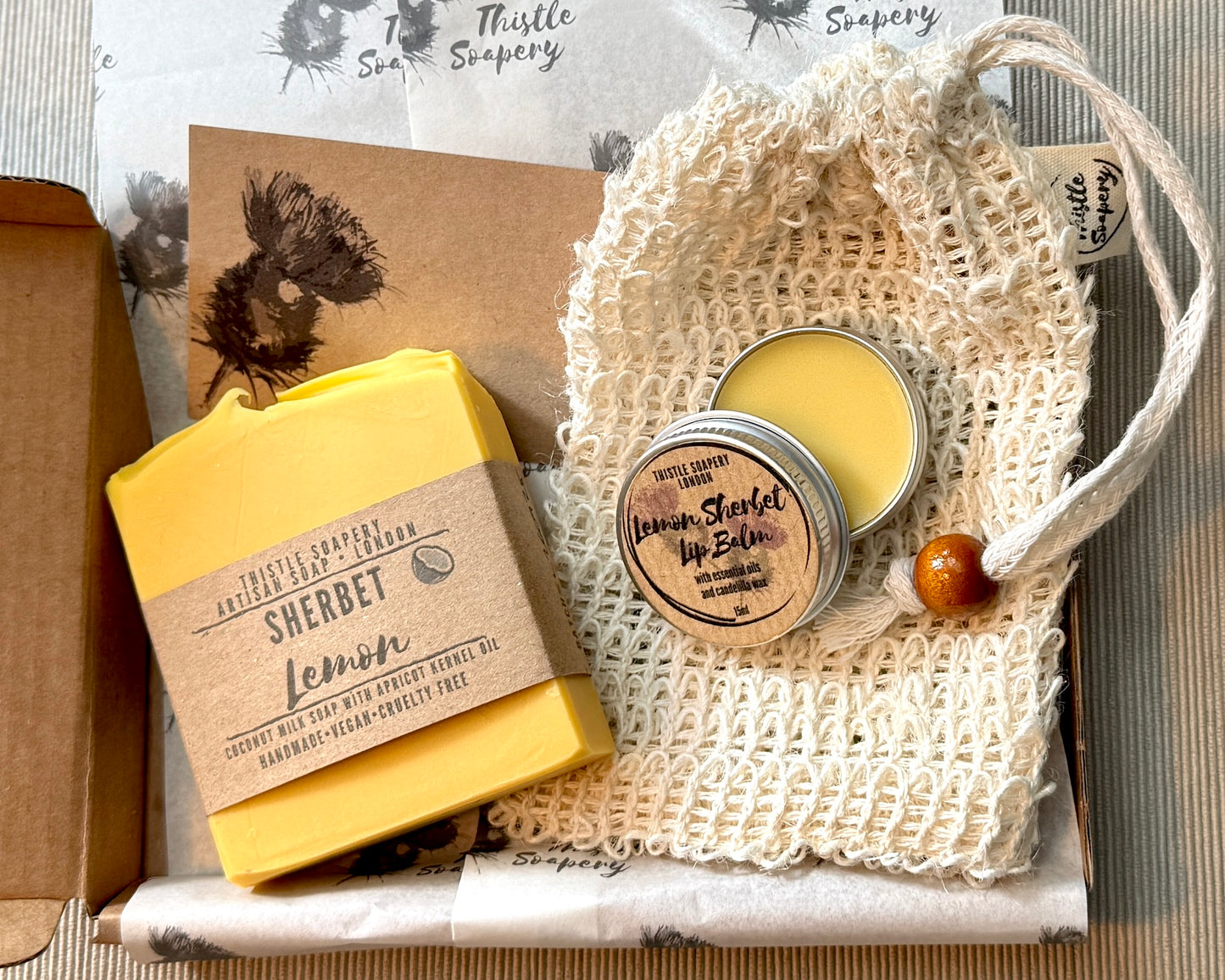 Vegan Soap & Lip Balm Gift Set • With 100g Soap, 15ml Lip Balm and Natural Sisal Soap Saver Pouch