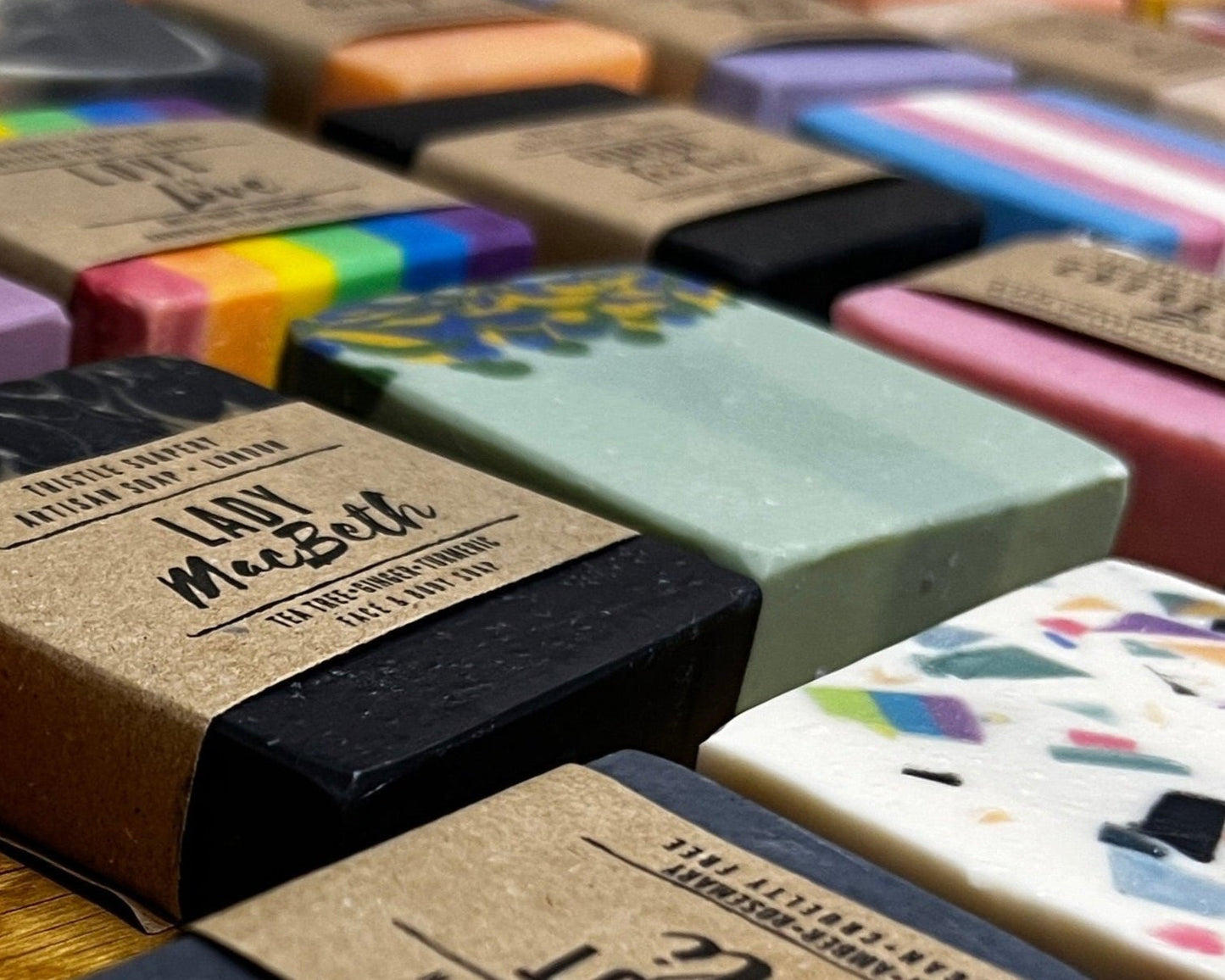 Monthly Soap Subscription, close up image of a selection of handmade vegan soaps that are suitable for sensitive skin and may be included in the mystery box