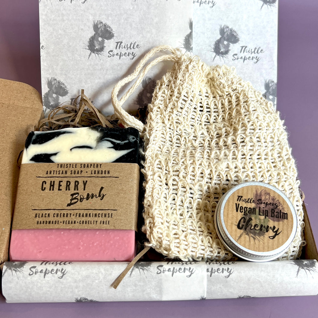 Vegan Soap & Lip Balm Gift Set • With 100g Soap, 15ml Lip Balm and Natural Sisal Soap Saver Puch