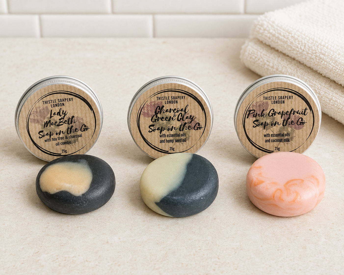 Soap on the Go • Our Bestselling Soaps in Miniature • With Aluminium Travel Tin