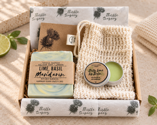 Letterbox Gift Set • Lime, Basil & Mandarin Soap, Zesty Lime Lip Balm • With Sisal Soap Saver Pouch  🍋‍🟩