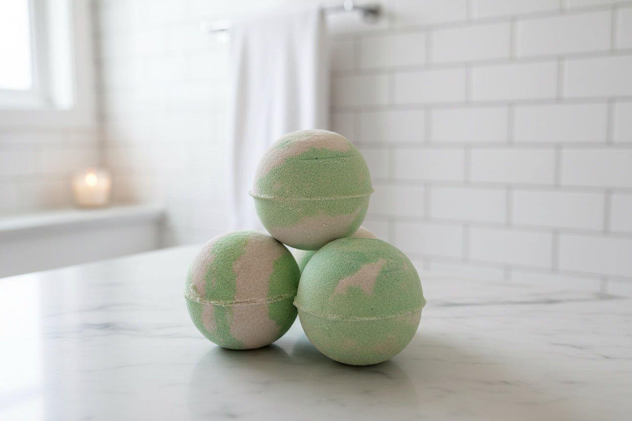 Stack of green and cream bath bombs on a bathroom counter 