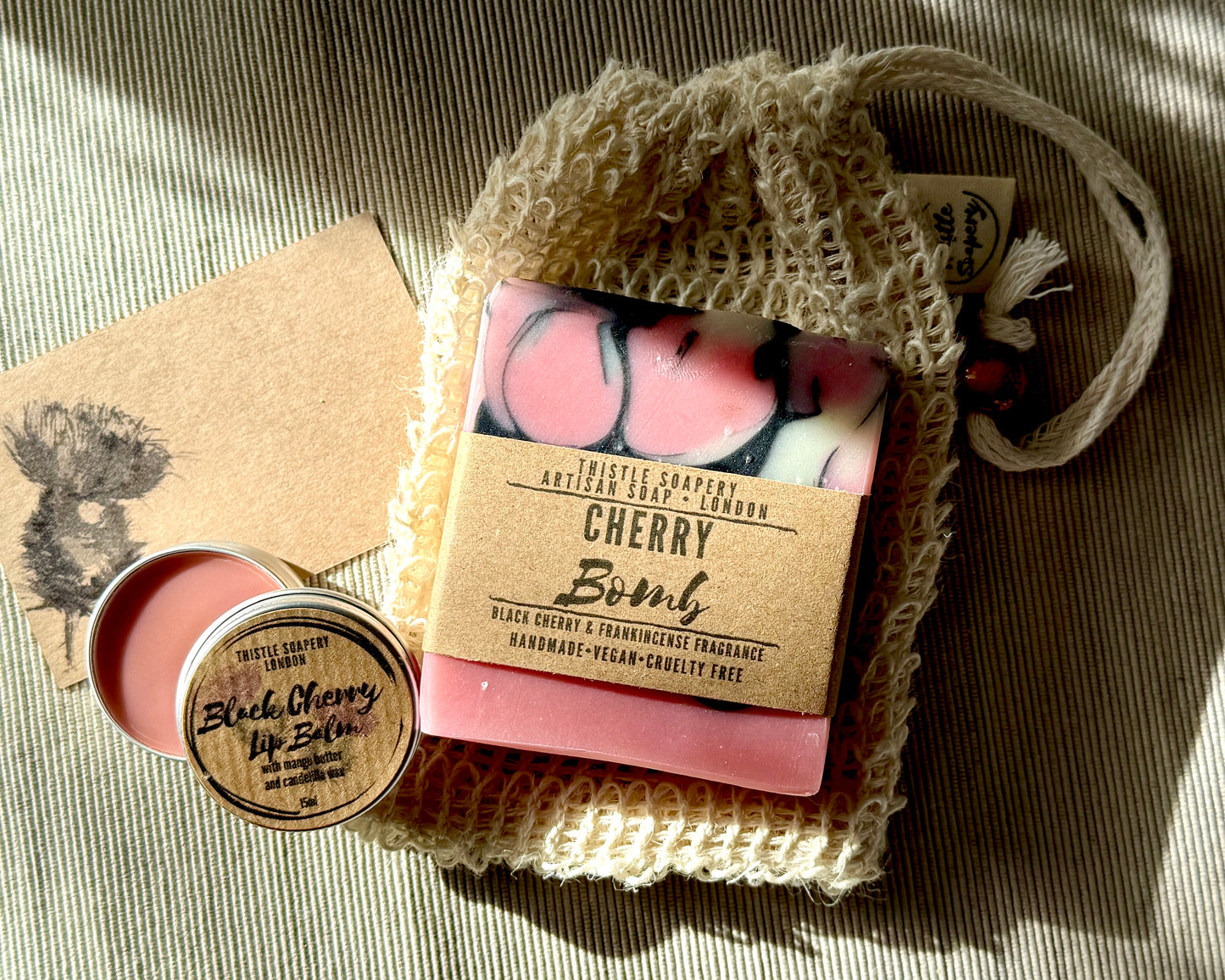 Vegan Soap & Lip Balm Gift Set • With 100g Soap, 15ml Lip Balm and Natural Sisal Soap Saver Pouch