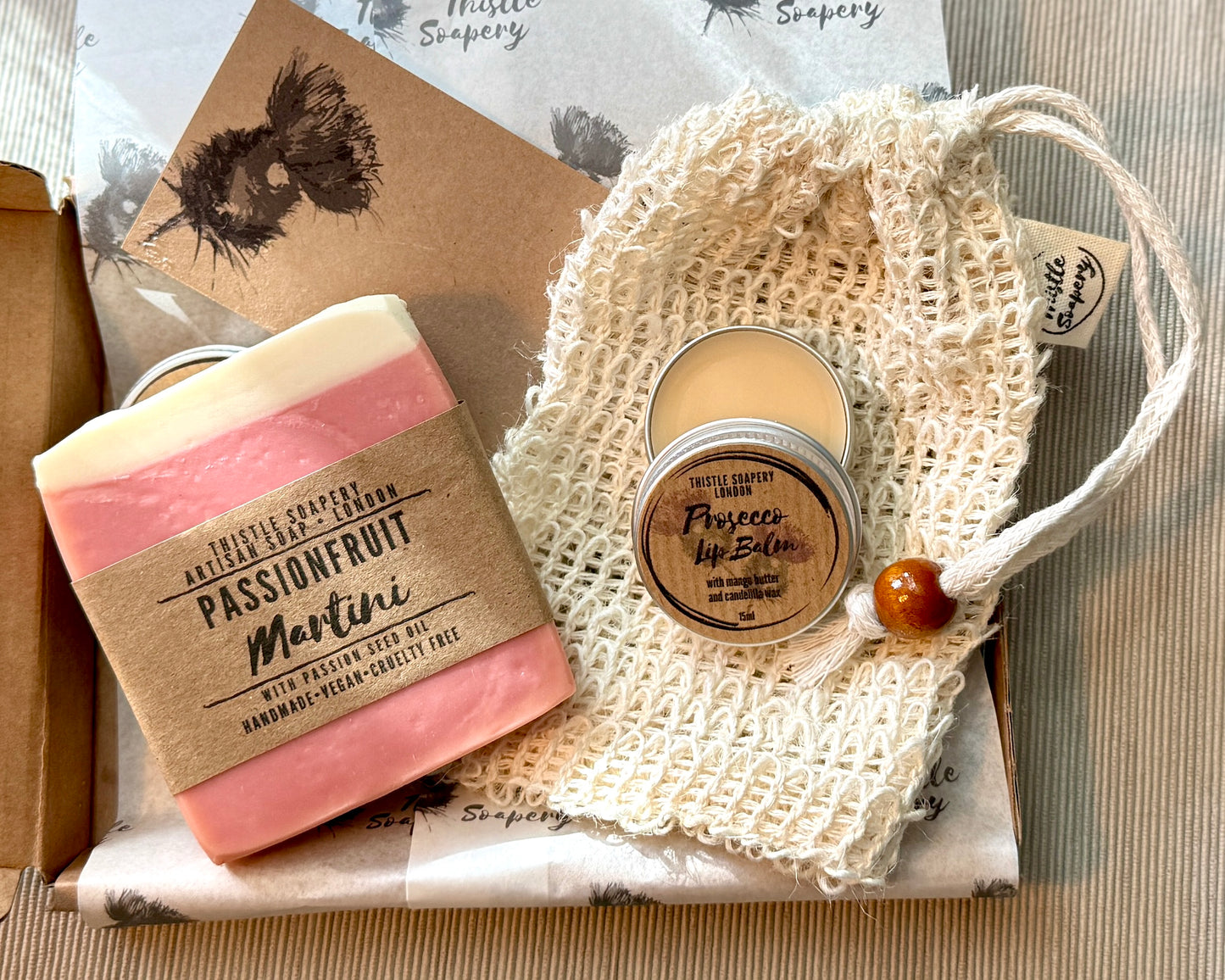 Vegan Soap & Lip Balm Gift Set • With 100g Soap, 15ml Lip Balm and Natural Sisal Soap Saver Pouch