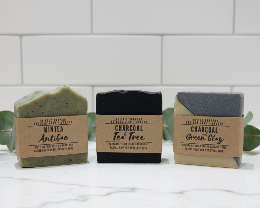Men’s Trio Soap Gift Set • Essential Oil Soaps for all Skin Types • Activated Charcoal, Kaolin Clay & Green Tea • Letterbox Gift Set