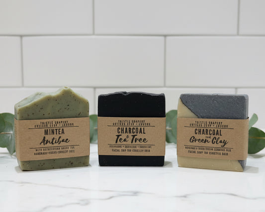 Men’s Trio Soap Gift Set • Essential Oil Soaps for all Skin Types • Activated Charcoal, Kaolin Clay & Green Tea • Letterbox Gift Set