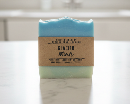 Blue ombré soap on a neutral background 