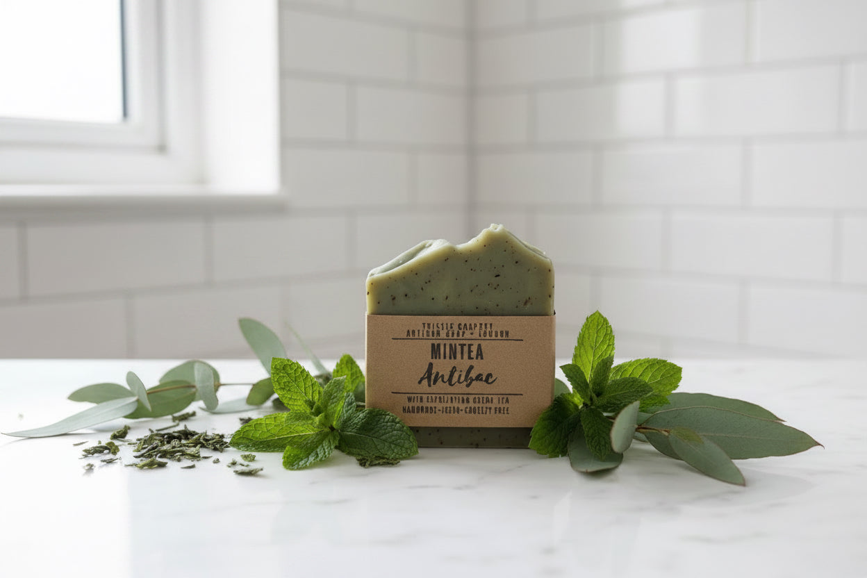 Green soap bar with a cardboard label on a white surface with mint leaves.