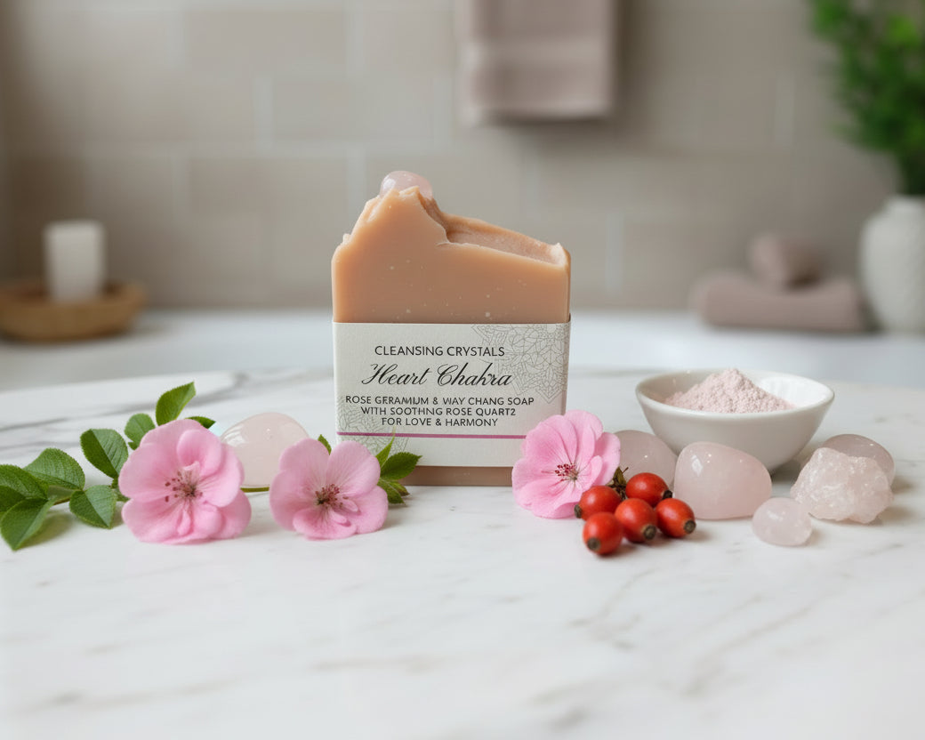 🩷 Cleansing Crystals • Heart Chakra Themed Soap • Rose Geranium & May Chang Essential Oils