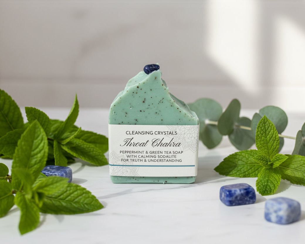 💙 Cleansing Crystals • Throat Chakra Themed Saop • Peppermint & Eucalyptus Essential Oils