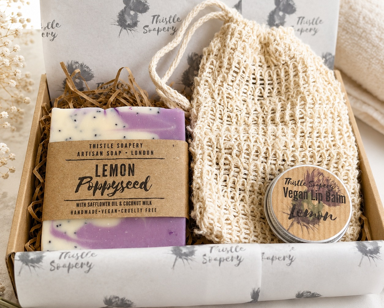 Letterbox Gift Set • Lemon & Lavender Soap & Lip Balm • With Sisal Soap Saver Pouch  🍋💜