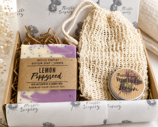 Letterbox Gift Set • Lemon & Lavender Soap & Lip Balm • With Sisal Soap Saver Pouch  🍋💜
