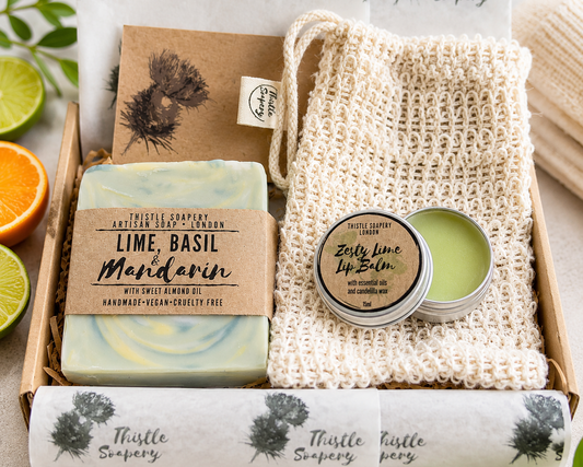 Letterbox Gift Set • Lime, Basil & Mandarin Soap, Zesty Lime Lip Balm • With Sisal Soap Saver Pouch  🍋‍🟩