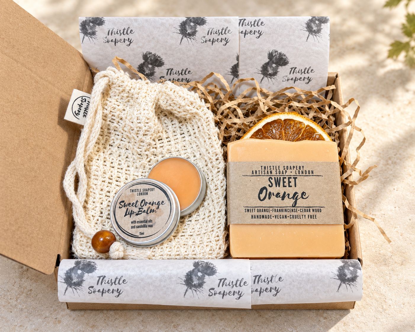 Letterbox Gift Set • Sweet Orange Essential Oil Soap & Lip Balm • With Sisal Soap Saver Pouch  🍊