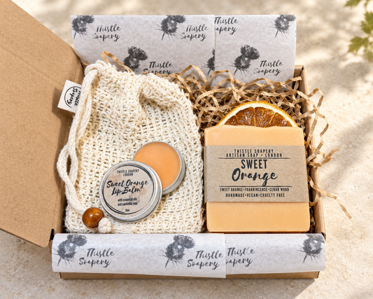 Letterbox Gift Set • Sweet Orange Essential Oil Soap & Lip Balm • With Sisal Soap Saver Pouch  🍊