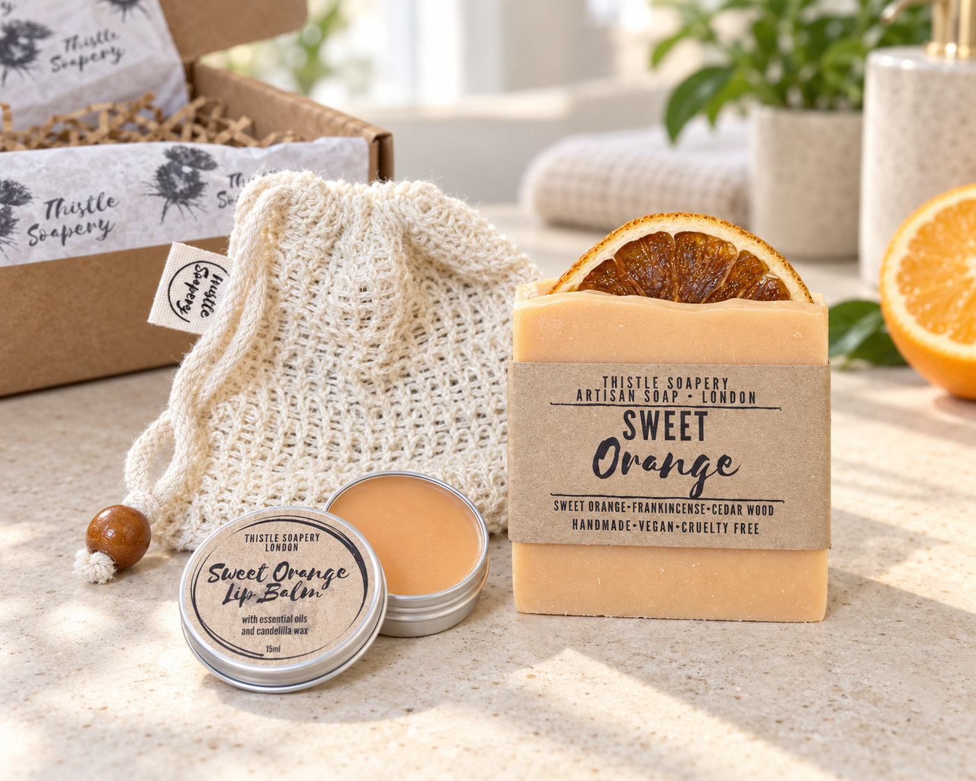 Letterbox Gift Set • Sweet Orange Essential Oil Soap & Lip Balm • With Sisal Soap Saver Pouch  🍊