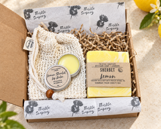 Letterbox Gift Set • Lemon Sherbet Essential Oil Soap & Lip Balm • With Sisal Soap Saver Pouch  🍋