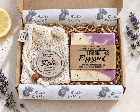 Letterbox Gift Set • Lemon & Lavender Soap & Lip Balm • With Sisal Soap Saver Pouch  🍋💜