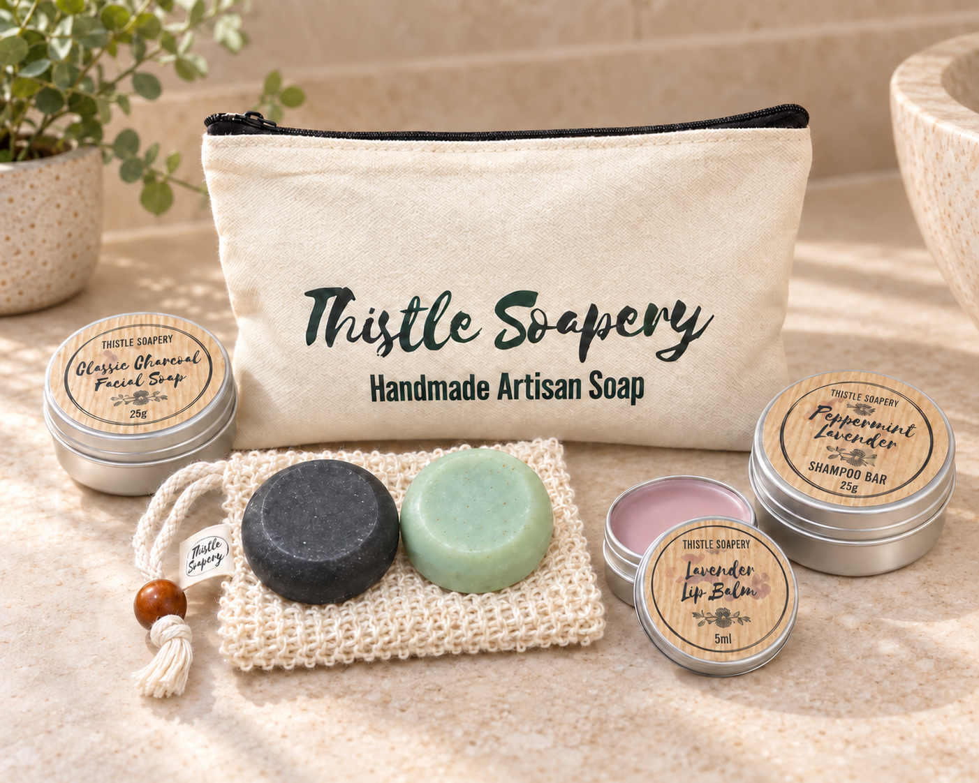 Vegan Travel Toiletry Gift Set | Mini Soaps, Shampoo Bar, Lip Balm, Sisal Scrubber & Canvas Wash Bag