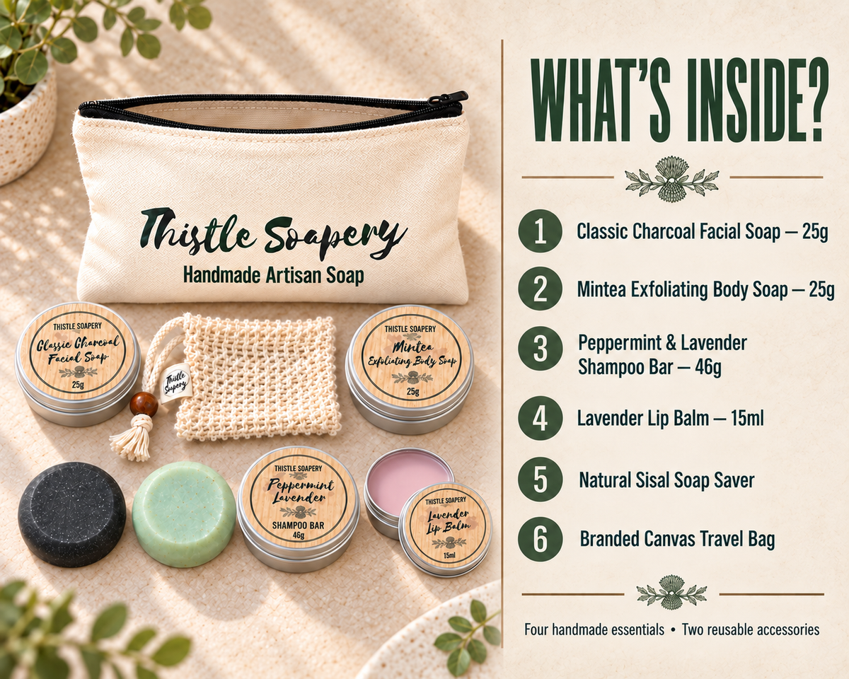 Vegan Travel Toiletry Gift Set | Mini Soaps, Shampoo Bar, Lip Balm, Sisal Scrubber & Canvas Wash Bag